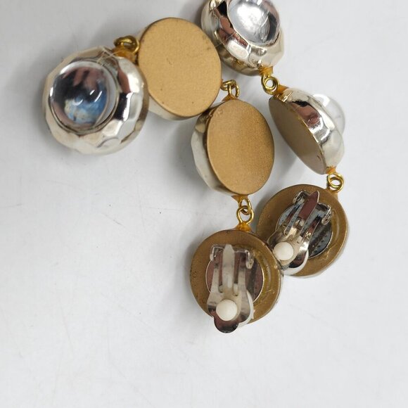 Vintage 1980s Gold-Tone Drop Clip On Earrings With Clear Domed Accents - Picture 4 of 5